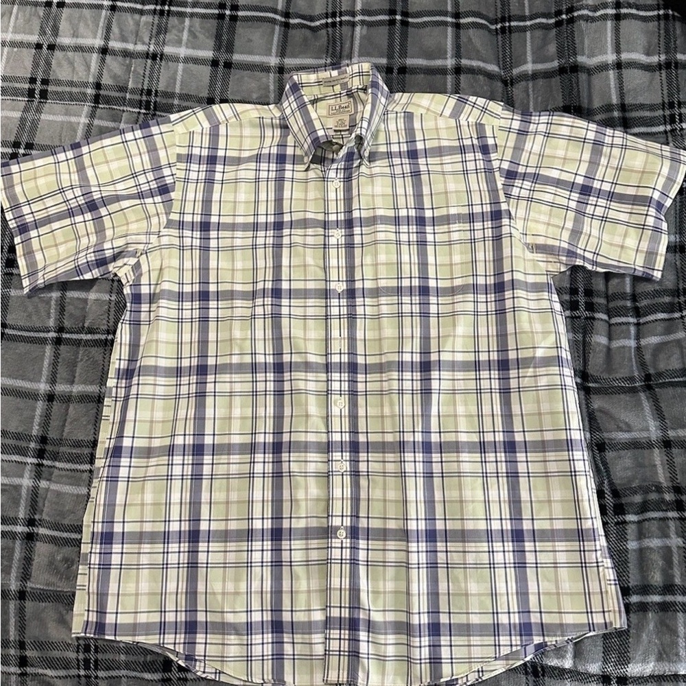 Men's LL Bean Short Sleeve Button Down Sz XL-T Green/blue Check Traditional Fit